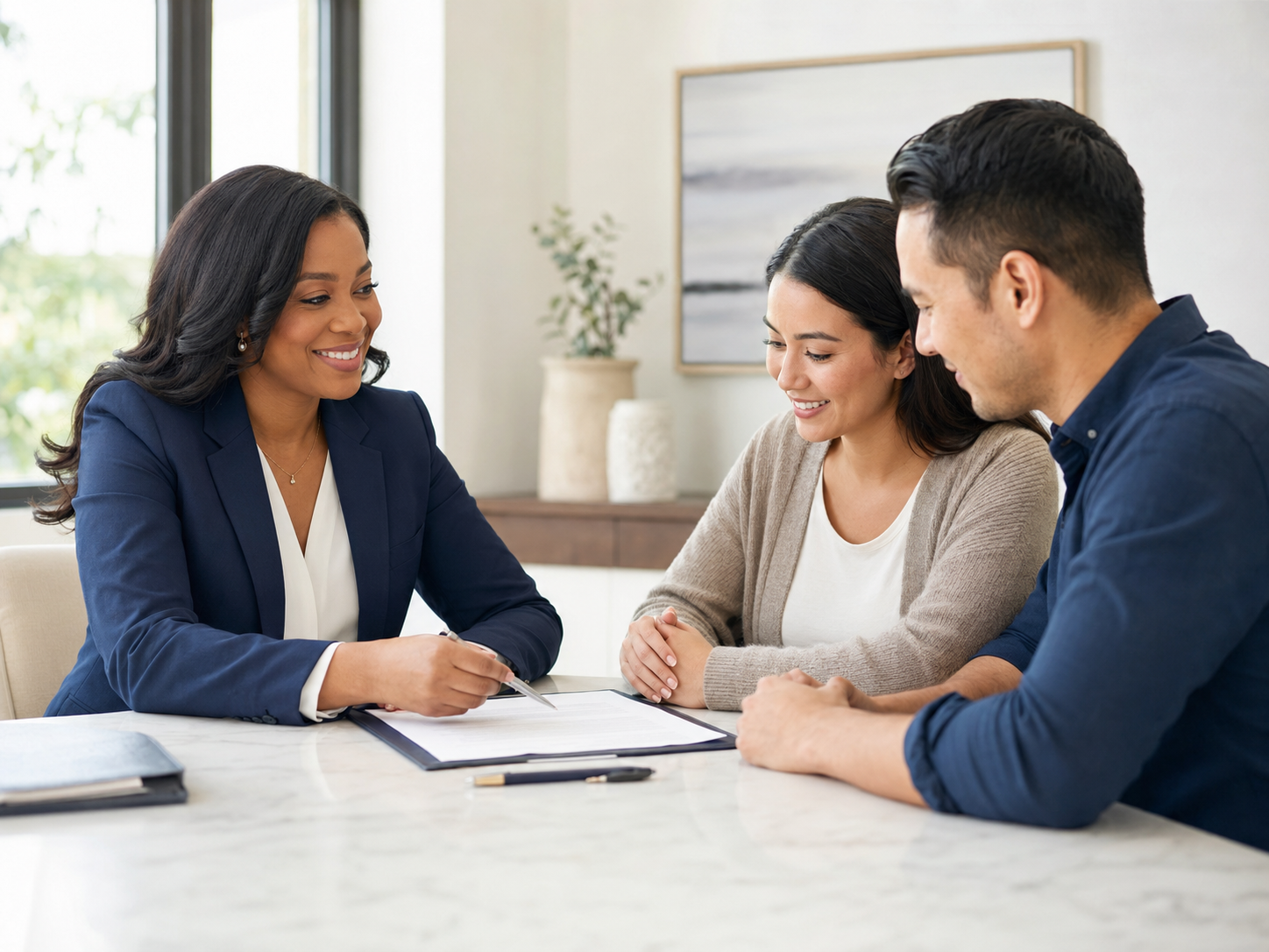 Black woman notary assisting clients with documents
